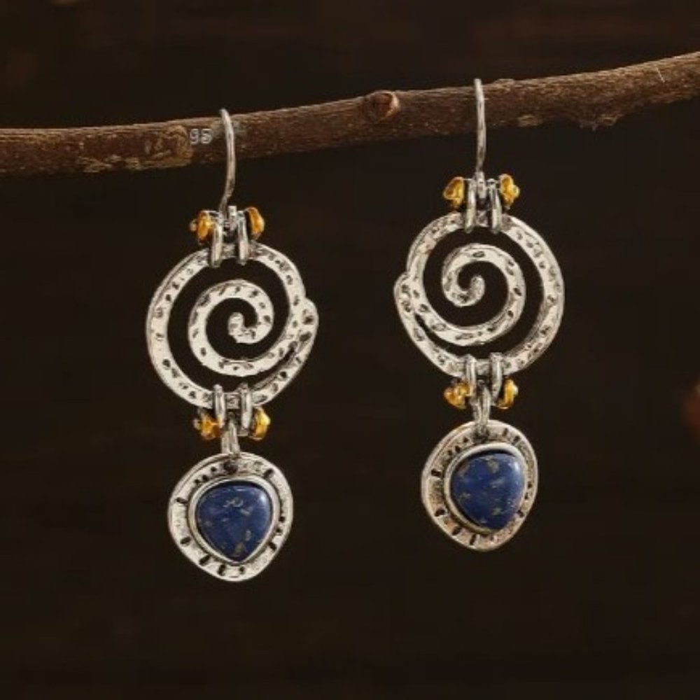 Natural Blue Lapis Lazuli Boho Ethnic Antique Silver Dangling Earrings - NWT - Picture 10 of 12